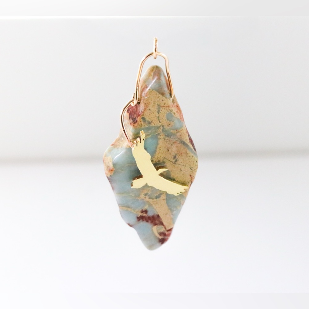 Handmade Brass Eagle Pendant Larimar Stone Gold Filled Wire Leather Cord Neckla